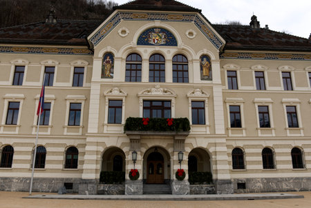 View of Parliament building in the street of city centre, Vaduz, capital of Liechtensteinのeditorial素材