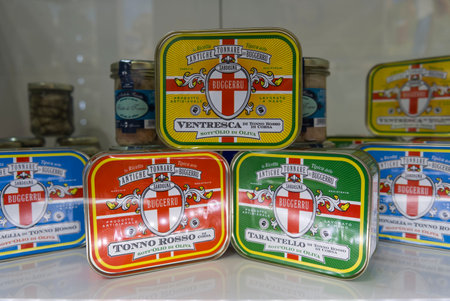 Milano Tuttofood fair, Italy - 25 May 23: boxes of tuna caught and handcrafted in Sardiniaのeditorial素材