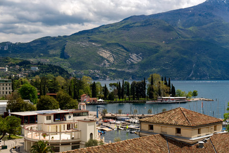 Panoramic view of the beautiful Lake Garda .Riva del Garda town and Garda lake in the autumn time.の写真素材