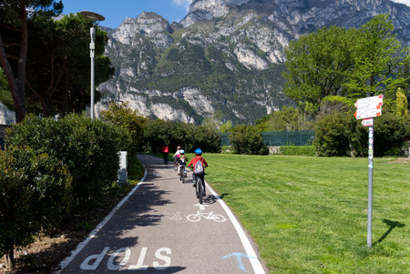 Cyclists on a trail in the Dolomitesの写真素材