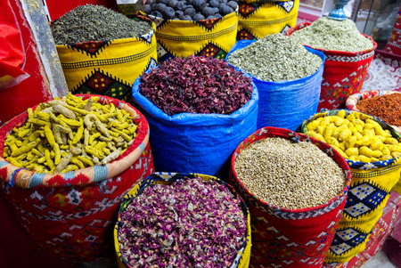 colorful baskets full of spices in a Middle Eastern souk