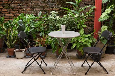 Couple chairs on balcony of countryside home or homestayの写真素材