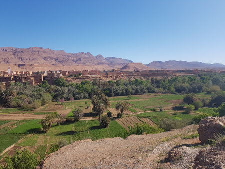 A valley view with mountains behind and a distant cityの写真素材