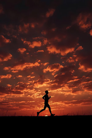 Blurring silhouette of running woman on the beach during sunset.の素材