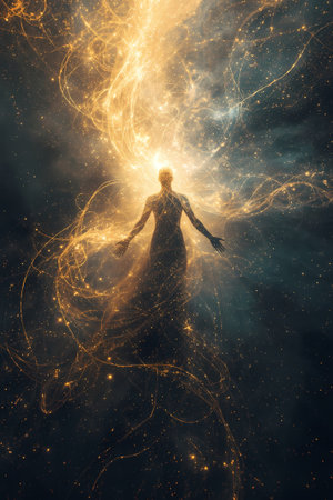 female figure surrounded by glowing lightの素材