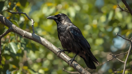 Carrion crow -Corvus corone- black bird perched on branch and looking at camera