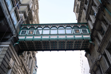 Tow buildings connected by bridgewayの写真素材