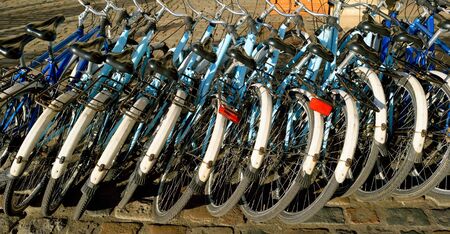Group of bicycles parked on the cobblestone street