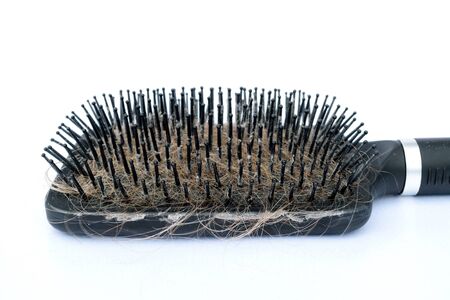 Used hair brush isolated in white backgroundの写真素材
