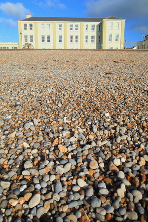 Pebble beach in town of Seaton in East Devon on the Jurassic Coastの写真素材