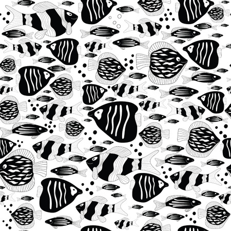 Hand drawn ink background with many fishes in the water.のイラスト素材
