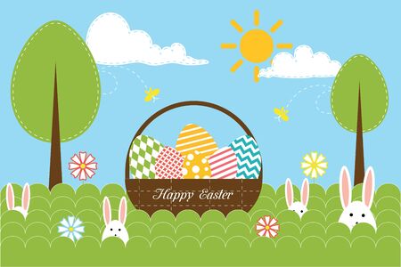 Background with eggs, trees, rabbits and landscape, vector illustration. Happy easter greeting cardのイラスト素材
