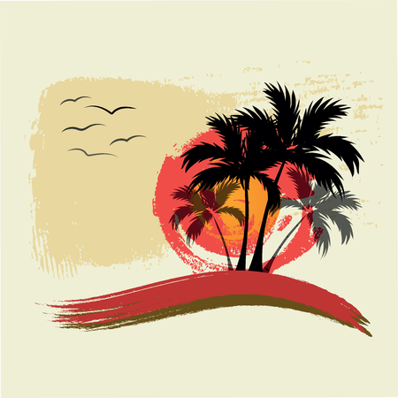 Black Palm trees. Sun and gulls.  - Illustrationのイラスト素材