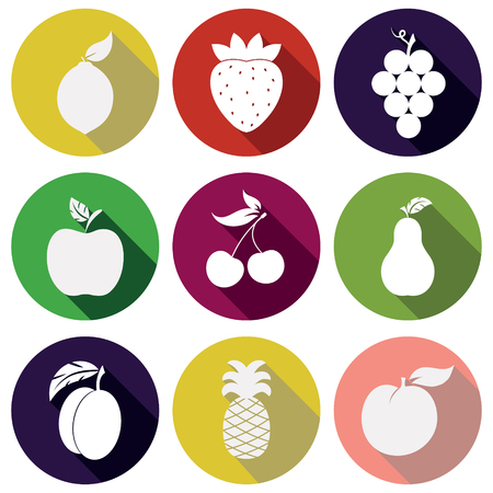 Fruits icons with shadow in flat design.- Illustration.のイラスト素材