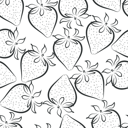 Black ink doodle hand drawn isolated strawberry seamless pattern on white background. Sketched abstract vector food illustration. Design artistic element for card, print, template, wallpaper, textureのイラスト素材