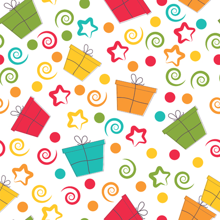 Celebratory seamless pattern with gifts, swirls, confetti, stars.のイラスト素材