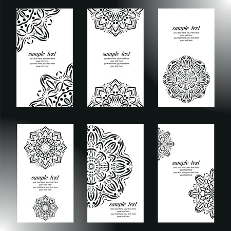Set of business card and invitation card templates with lace ornament. Vector background. Indian, Islam, Arabic, ottoman motifs. Vintage design elements, or save the date hand drawn background.のイラスト素材