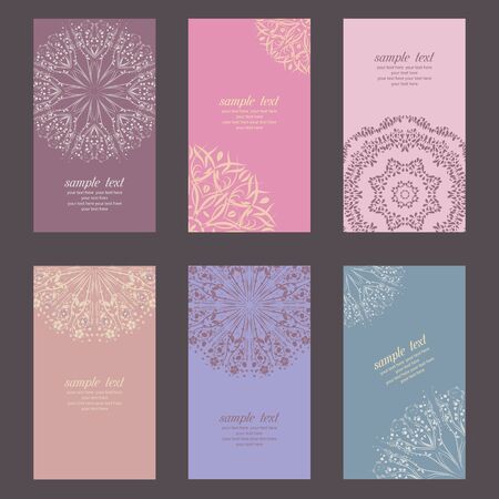 Set of business card and invitation card templates with lace ornament. Vector background. Indian, Islam, Arabic, ottoman motifs. Vintage design elements, or save the date hand drawn background.のイラスト素材