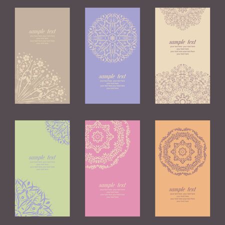 Set of business card and invitation card templates with lace ornament. Vector background. Indian, Islam, Arabic, ottoman motifs. Vintage design elements, or save the date hand drawn background.のイラスト素材