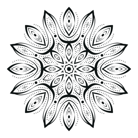Mandala round ornament, circled element for design. Black and white flower pattern isolated on white background. Hand drawn. Vector illustration.のイラスト素材