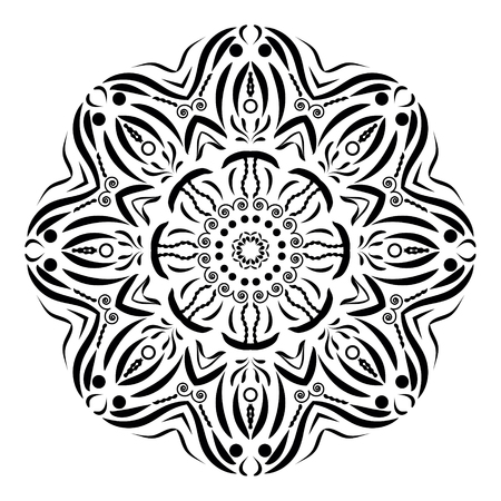 Mandala round ornament, circled element for design. Black and white flower pattern isolated on white background. Hand drawn. Vector illustration.のイラスト素材