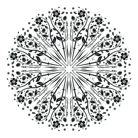 Mandala round ornament, circled element for design. Black and white flower pattern isolated on white background. Hand drawn. Vector illustration.のイラスト素材