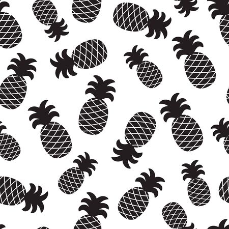 Silhouettes fruits pineapples in black and white. Tropical tiling texture. Cloth art design.のイラスト素材