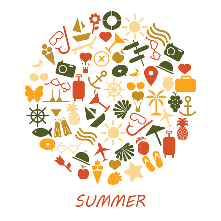 Colored summer symbols on a white background. Summer icons.- Illustration.のイラスト素材