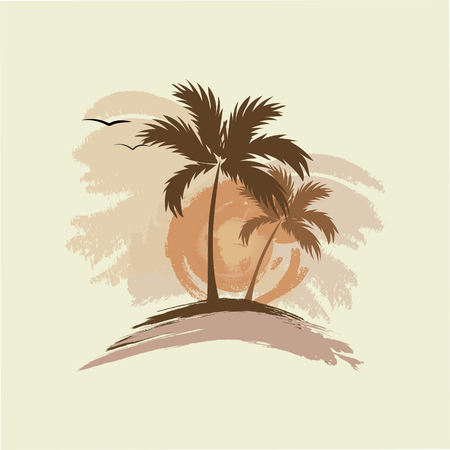 Palm trees, sun and gulls - Illustrationのイラスト素材