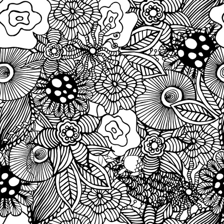 Black and white botanic texture, detailed flowers illustrations. Doodle style, spring floral background.Vector flower pattern.のイラスト素材