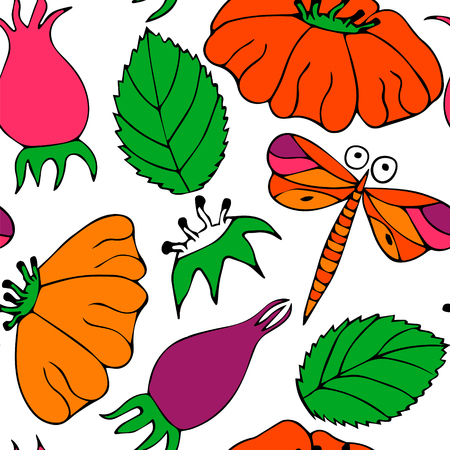 Botanic texture, detailed flowers illustrations. Doodle style, spring floral background.Vector flower pattern.のイラスト素材