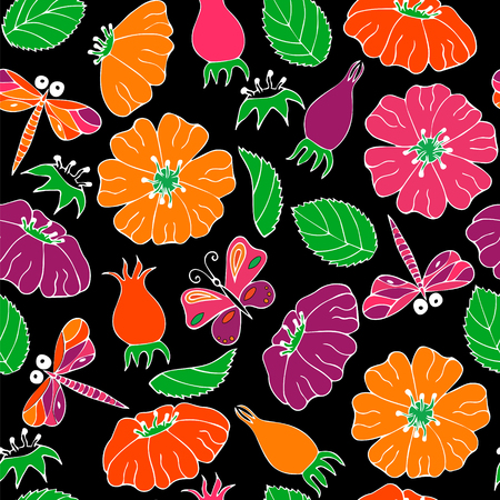 Botanic texture, detailed flowers illustrations. Doodle style, spring floral background.Vector flower pattern.のイラスト素材