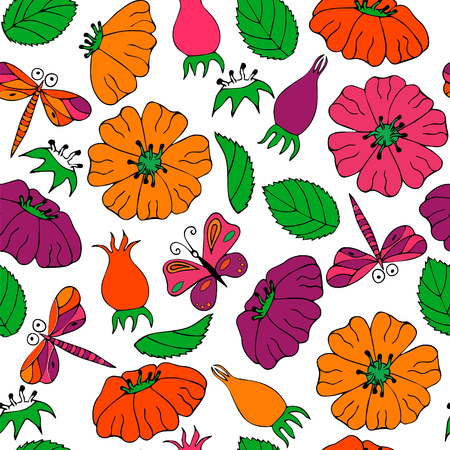 Botanic texture, detailed flowers illustrations. Doodle style, spring floral background.Vector flower pattern.のイラスト素材