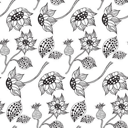 Black and white seamless botanic texture, detailed flowers illustrations. Doodle style, spring floral background.Vector flower pattern.のイラスト素材