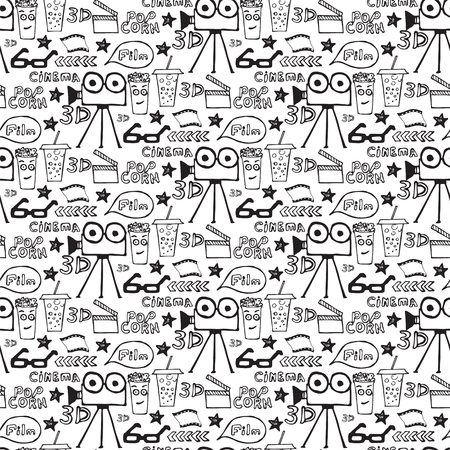 Cinema hand drawn seamless pattern on the white background. Movie making film symbols collection. Cinematography design items: camera, film tape, popcorn, stars.のイラスト素材