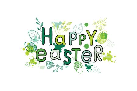 Colorful Happy Easter greeting card with leafs, eggs and blots elements composition.のイラスト素材