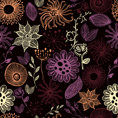 Colorful seamless botanic texture, detailed flowers illustrations. Doodle style, spring floral background.Vector flower pattern.のイラスト素材