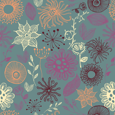 Colorful seamless botanic texture, detailed flowers illustrations. Doodle style, spring floral background.Vector flower pattern.のイラスト素材