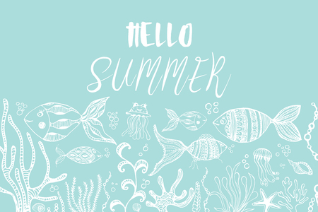 Doodles abstract decorative summer vector frame. Greeting card design. Fish and medusa, seashells and seaweed.のイラスト素材