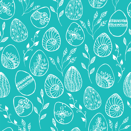 doodle Easter seamless pattern on the blue background. Vector seamless doodle easter pattern with Easter eggs for easter background, fabrics, textileのイラスト素材