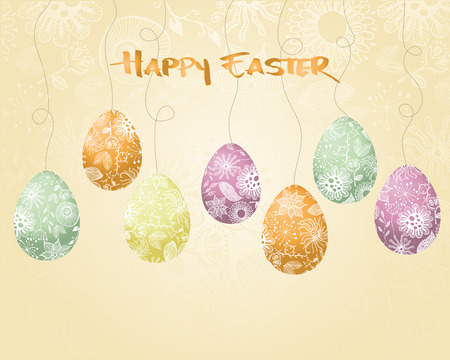 Retro Easter with colorful eggs, grunge calligraphic text and hand-drawn botanical texture.のイラスト素材