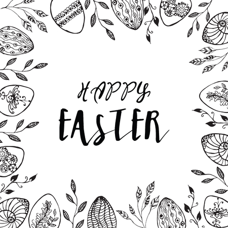 Easter frame with easter eggs hand drawn black on white background. Decorative frame from eggs.のイラスト素材