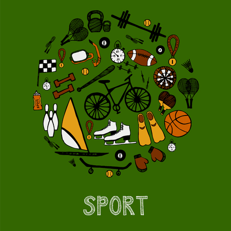 Round card with sport hand-drawn icons.のイラスト素材