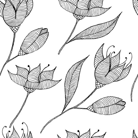 Black and white seamless botanic texture, detailed flowers illustrations.のイラスト素材