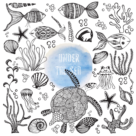 Set of hand drawn sea dwellers. Funny cartoon fish, jellyfish, starfish, seaweeds, seashells and turtle. Vector illustration.のイラスト素材