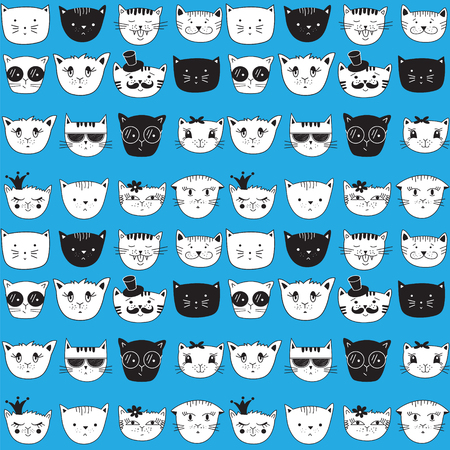 Seamless pattern with doodle cats.Cat pattern with blue background. Cats head animal pattern. Can be used for textile, website background, book cover, packaging.のイラスト素材