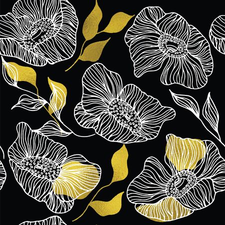 Elegant seamless pattern with beautiful hand drawn flowers and gold leaves for your design.のイラスト素材