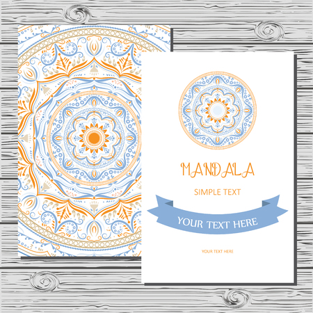 A Vector flyer template with hand drawn mandala. Outline floral decor in Eastern style. Template frame for save the date and greeting card, wedding invitation, certificate, leaflet, poster.のイラスト素材