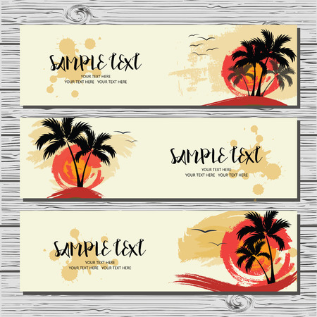 Set of three horizontal cards with palm trees, sun and gulls. Template cards.のイラスト素材