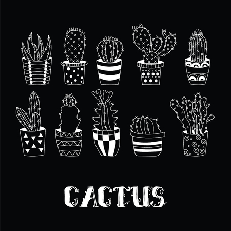 Cute hand drawn vector cactuses in Flower pots.のイラスト素材